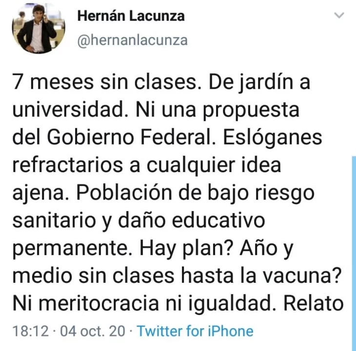 *SON EL ODIO DE CLASE* El polémico tuit de Hernán Lacunza que desacredita el trabajo de los docentes durante la pandemia